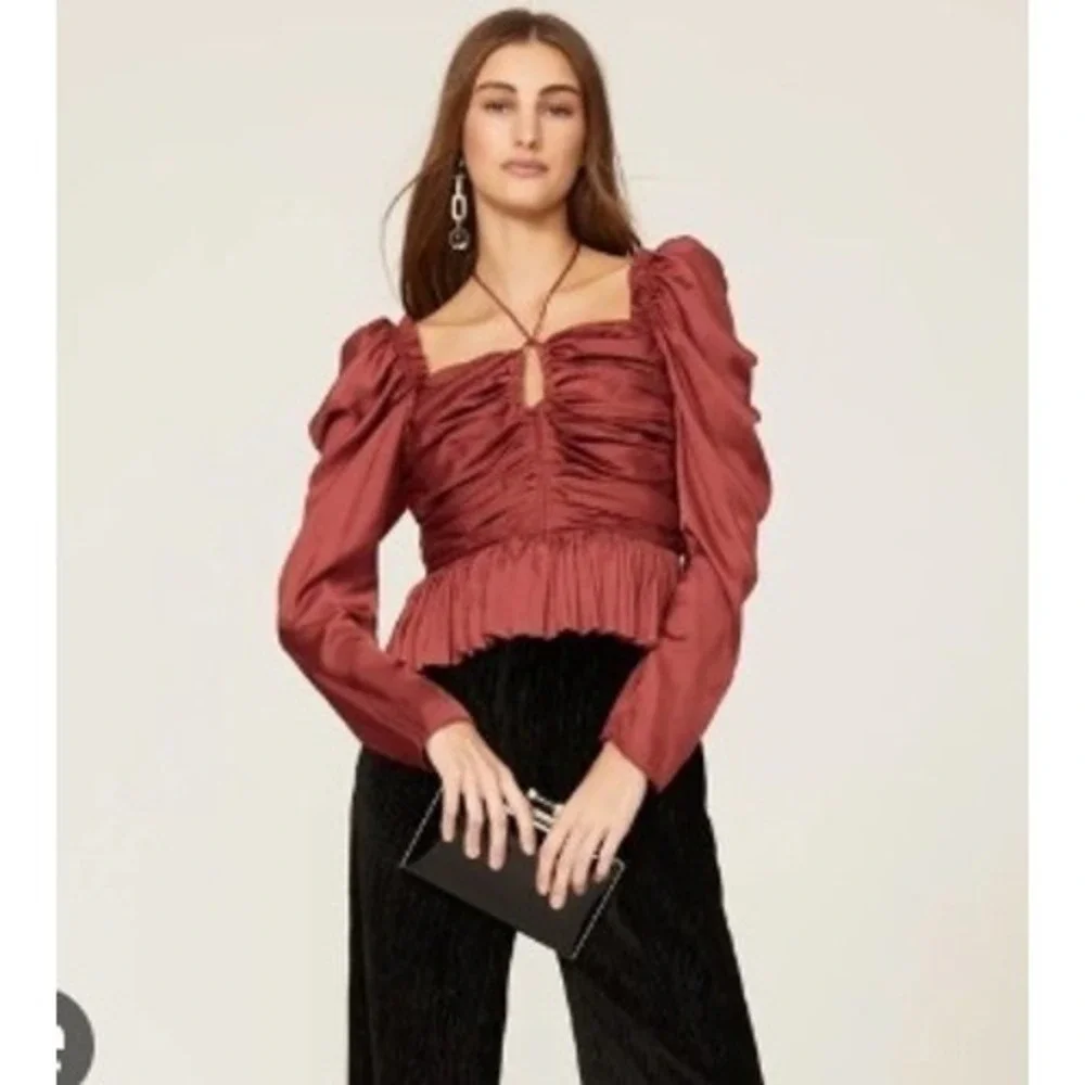 Ulla Johnson Mirelle Blouse Red Ruched Pleated Peplum Long Sleeve Top Size 6